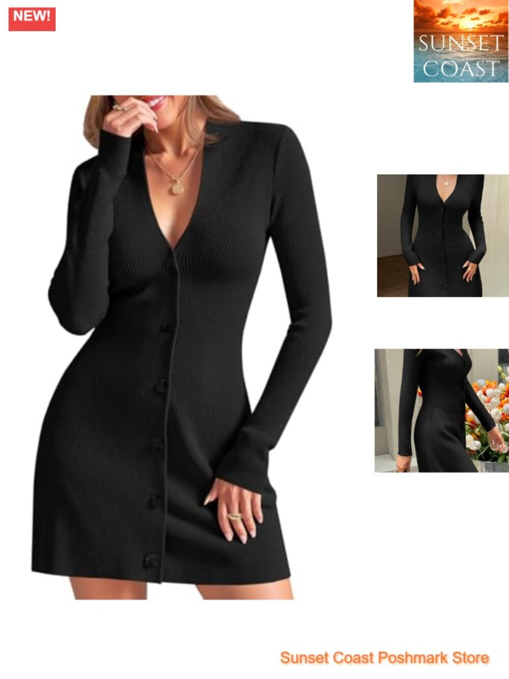 Womens Deep V Neck Long Sleeve Knit Mini Sweater Dress Ruffle Hem